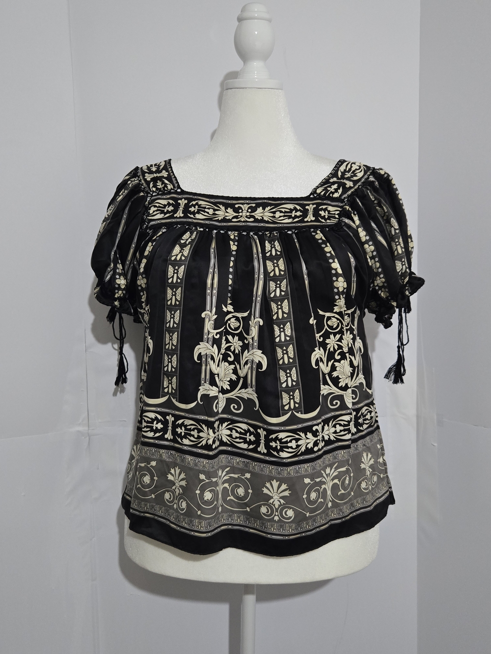 ECI Black and Cream Floral Square Neck Peasant Blouse